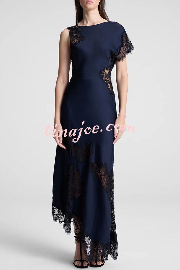 Paris Dream Satin Lace Trim Irregular Design Drape Maxi Dress