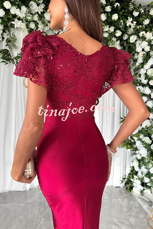 Dreamy Luxury Lace and Satin Patchwork Ruffle Sleeve Ruched Midi Dress