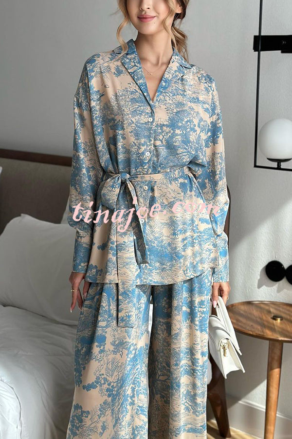 Unique Print Long-sleeved Tie Shirt and Elastic High-waist Wide-leg Pants Set