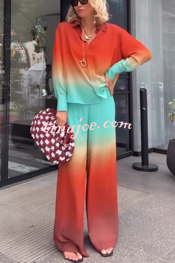 Neon Sunset Gradient Print Long Sleeve High Low Hem Blouse and Elastic Waist Loose Pants Set