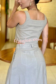 Athena Linen Blend Square Neck Tank and High Rise Pocketed Slit Skirt Set