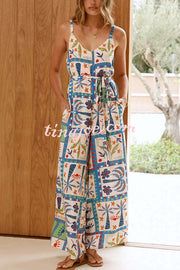Unique Beach Vacation Print V-neck Suspenders Casual Wide-leg Jumpsuit