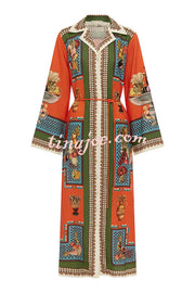 Linen Blend Unique Print Tie-waist Casual Maxi Dress