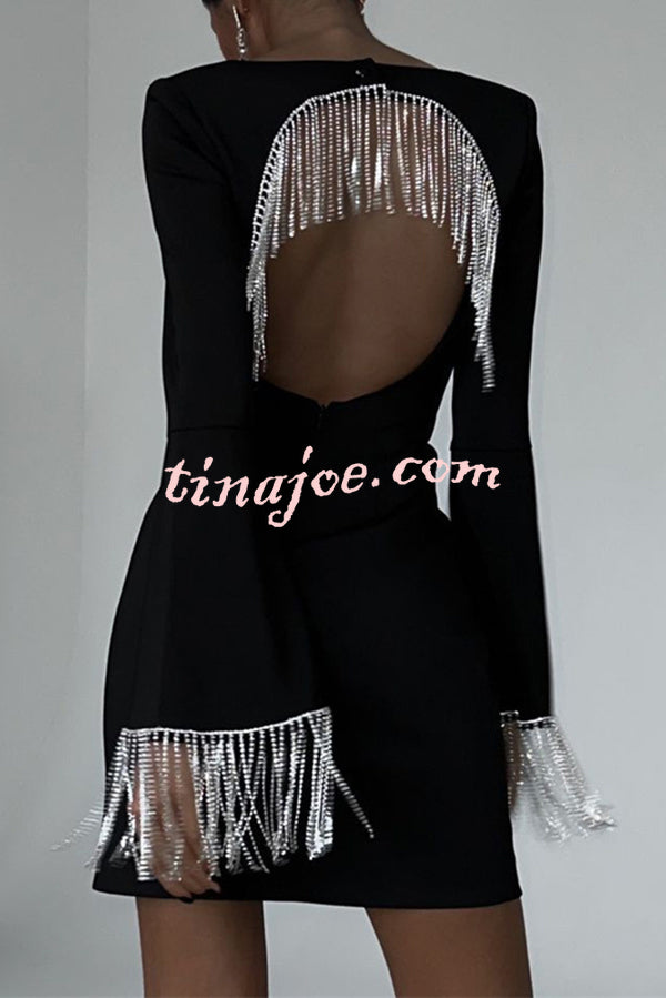 Fashionable Fringed Square Neck Bell Sleeves Hollow Back Mini Dress