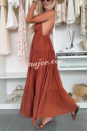 Bohemian Style V-neck Backless Slip Layered Vacation Maxi Dress