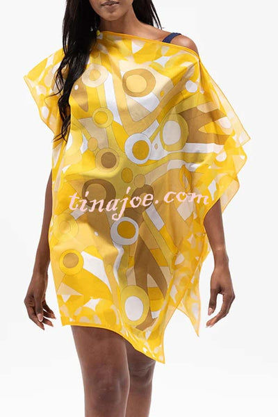 Colorful Circle Unique Print One Shoulder Button Detail Loose Cover-up Mini Dress