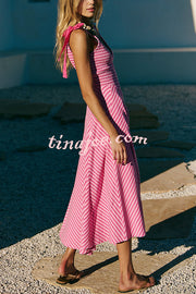 Striped Print V-Neck Lace-Up Backless Holiday Midi Dress