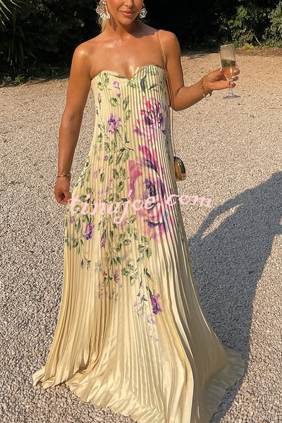 For Every Occasion Satin Pleated Floral Print V-wire Bandeau Neck Maxi Dress