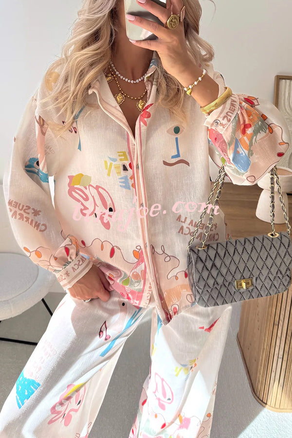 Holiday Style Unique Print Long Sleeve Lapel Loose Shirt and Elastic Waist Casual Pocket Pants Set
