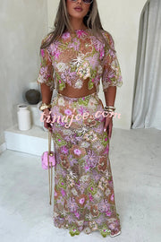 Fashionable Embroidered Flower Sequined Crop Top and Elegant Sheer Maxi Skirt Set