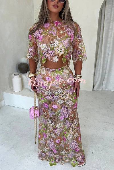 Fashionable Embroidered Flower Sequined Crop Top and Elegant Sheer Maxi Skirt Set