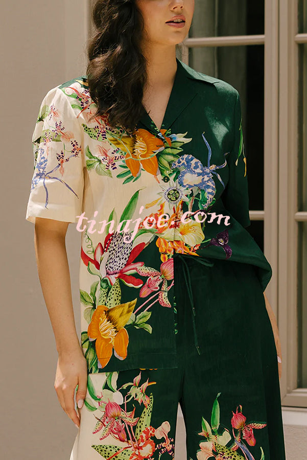 Island Linen Blend Unique Print Short Sleeve Loose Shirt and Elastic Waist Pocket Pants Set