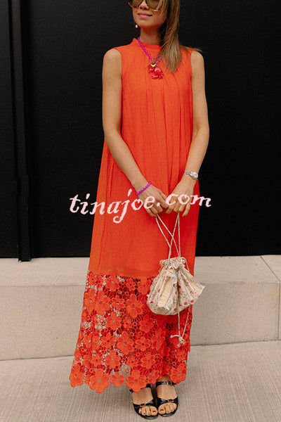 Breezy Comfort Tie-up Neck Sleeveless Floral Lace Hem Maxi Dress