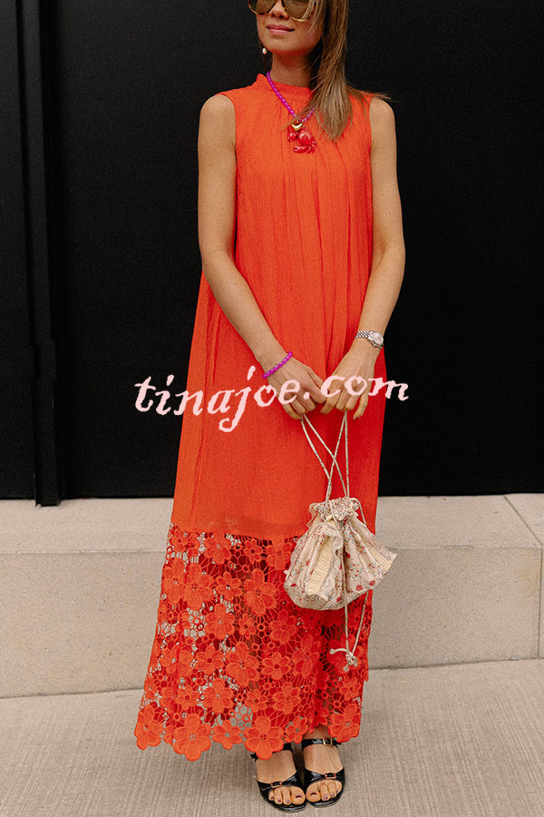 Breezy Comfort Tie-up Neck Sleeveless Floral Lace Hem Maxi Dress
