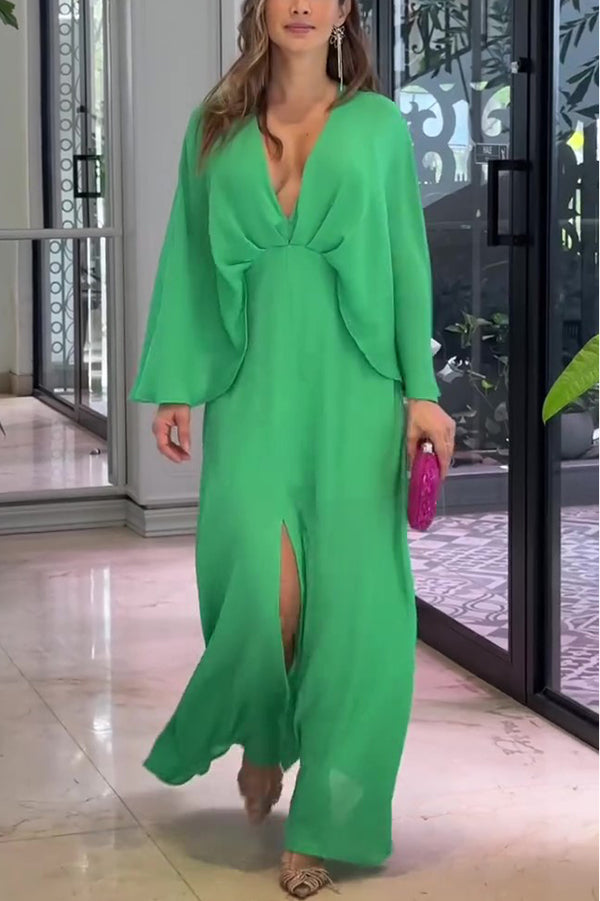 Solid Color V Neck High Waist Slit Casual Maxi Dress