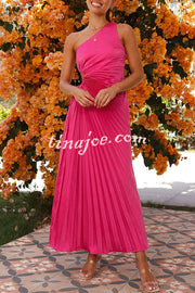 Charming One Shoulder Lace Up Cutout Pleated Maxi Dress