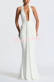 Solid Color Elegant Halterneck V-neck Open Back Tie Gathered Maxi Dress