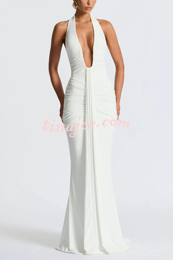 Solid Color Elegant Halterneck V-neck Open Back Tie Gathered Maxi Dress