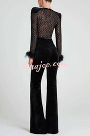 Monique Fish Scale Lace Sequin Velvet Patchwork Feather Trim Stretch Flare Jumpsuit