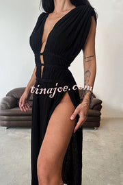 Boho with Elegance Linen Blend Braids Belt Cutout Slit Kaftan Maxi Dress