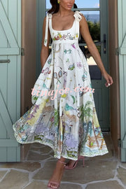 Euro Summer View Linen Blend Unique Print Tie-up Straps Pocket Midi Dress