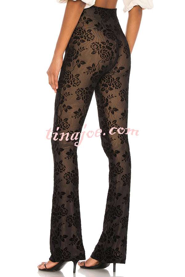 Romance Detail Flower Pattern Mesh Elastic Waist Stretch Flare Pants