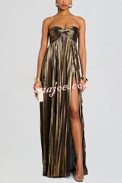 Metallic Sexy Tube Top Pleated High Slit Maxi Dress