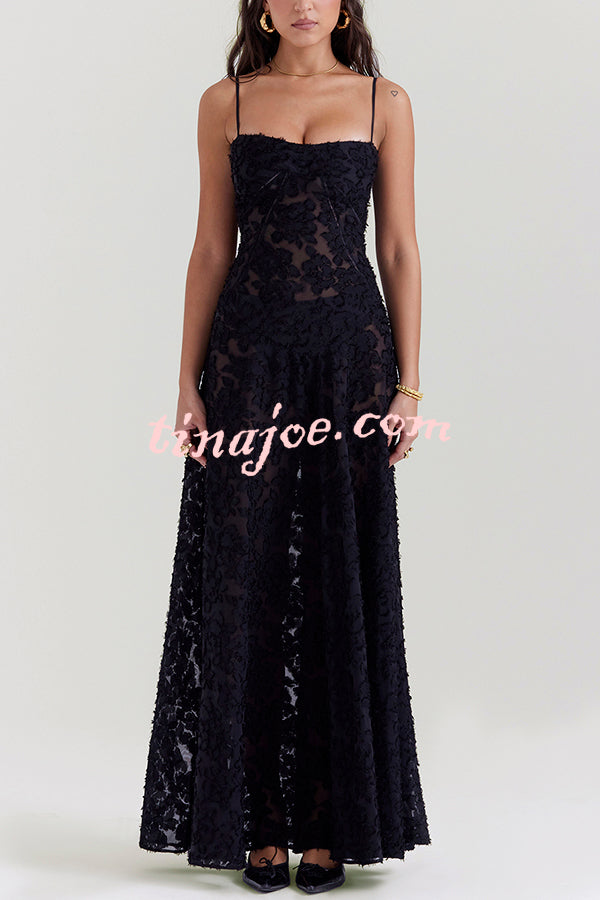 Romantic Vintage Feel Jacquard Fabric Back Lace-up Slip Floaty Maxi Dress