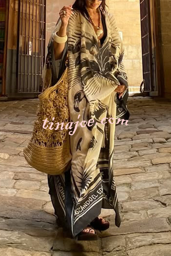 Flora Flamingo Print V-neck Loose Holiday Maxi Dress