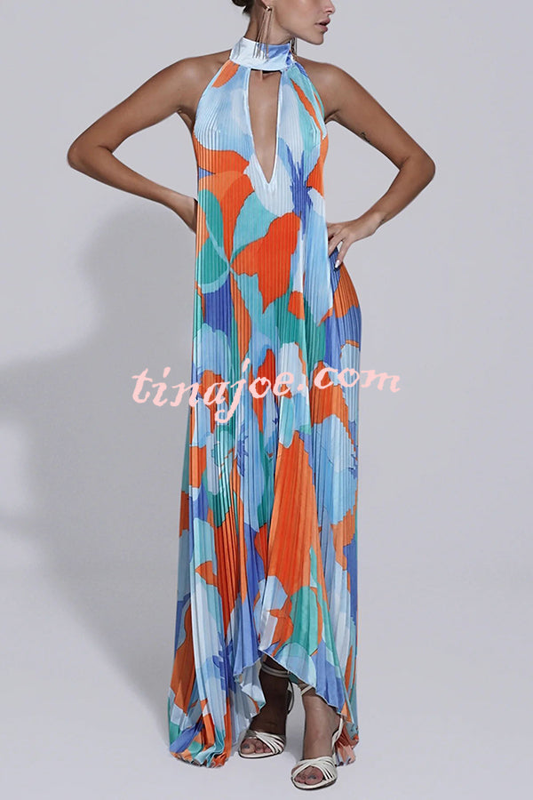 Opera Pleated Colorblock Camouflage Print Cutout Halter  A-line Maxi Dress