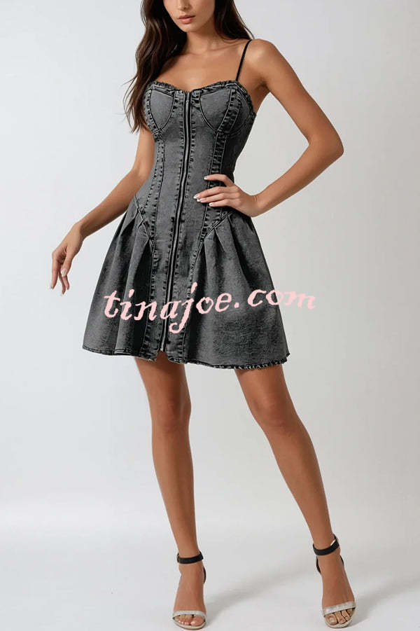 Fashionable Patchwork Suspender Zipper Slim Denim Mini Dress
