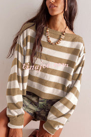 Striped Print Crew Neck Long Sleeve Loose Knitted Sweater