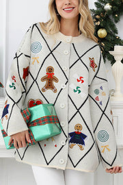 Argyle Candy Gingerbread Man Embroidered Button-knit Cardigan