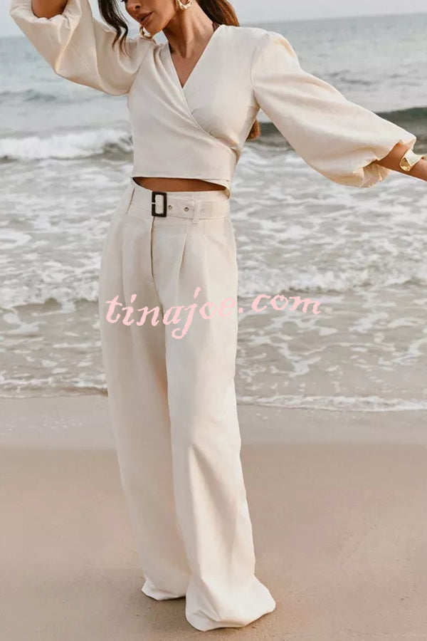 Lets Go Out Linen Blend Balloon Sleeve Wrap Tie-up Loose Top