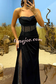 Essie Satin Rhinestone Patchwork Twist Waist Strapless Slit Maxi Dress