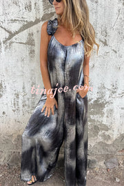 Fashionable Gold-stamped Suspenders Loose Pocket Wide-leg Jumpsuit