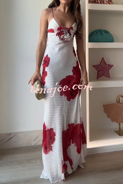 Vanna Poka Dot Floral Print 3D Flower Detail Slip Maxi Dress