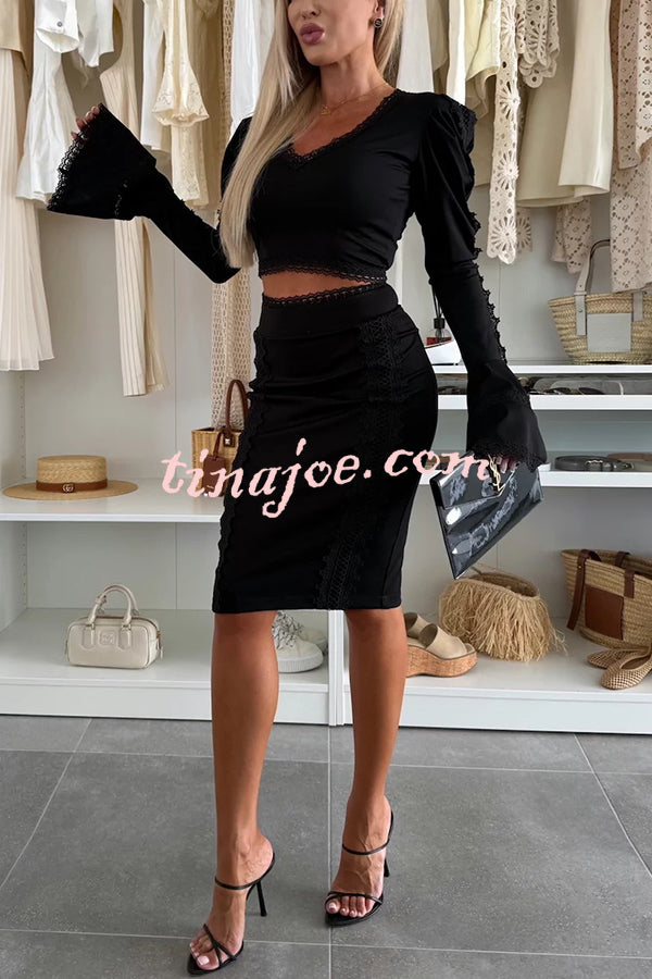 Career Beauty Lace Paneled Long Bell Sleeve Crop Top and High Rise Mini Skirt Set