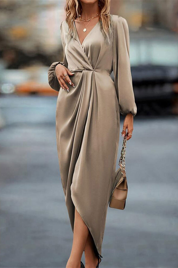 Satin V-neck Long-sleeved Slit Irregular Hem Midi Dress