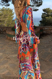 Colorful Day Unique Print Bell Sleeve Cutout Waist Layered Maxi Dress