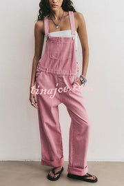 Moneh Denim Adjustable Straps Kangaroo Pocket Wide Leg Jumpsuit