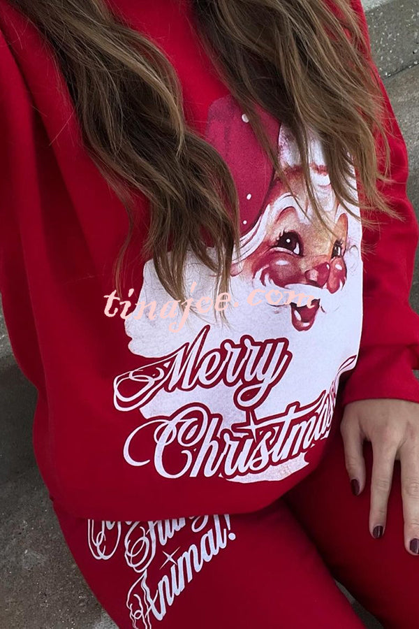 Christmas Santa Print Loose Round Neck Sweatshirt and Elastic Waist Casual Pants Set