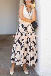 Resort Style Botanical Print Elastic Waist Loose Stitching Midi Skirt