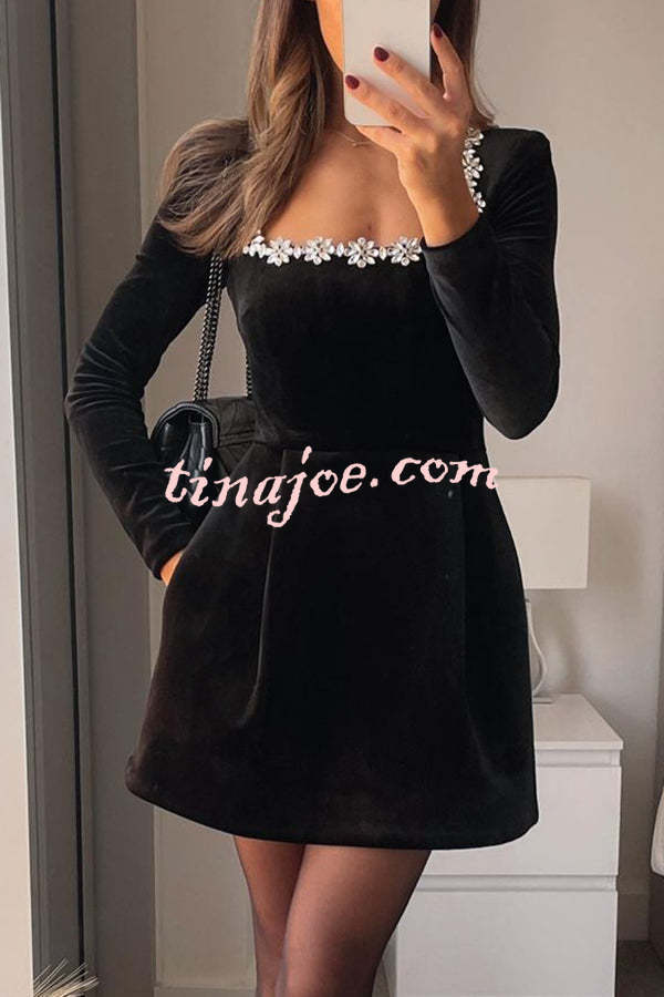 Endless Celebration Velvet Jewel Embellished Trim Long Sleeve Pocketed Mini Dress