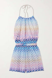 Wave Waves Knit Colorful Zigzag Pattern Halter Neck Backless Loose Romper