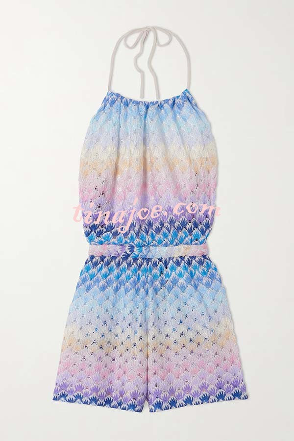 Wave Waves Knit Colorful Zigzag Pattern Halter Neck Backless Loose Romper