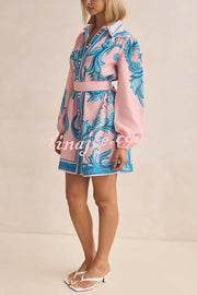 Botanical Print Lapel Puff Sleeve Vintage Belt Loose Mini Dress
