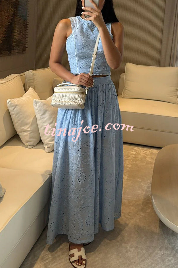 Kaya Embroidery Hollow Lace Back Smocked Tank and Elastic Waist A-line Maxi Skirt Set