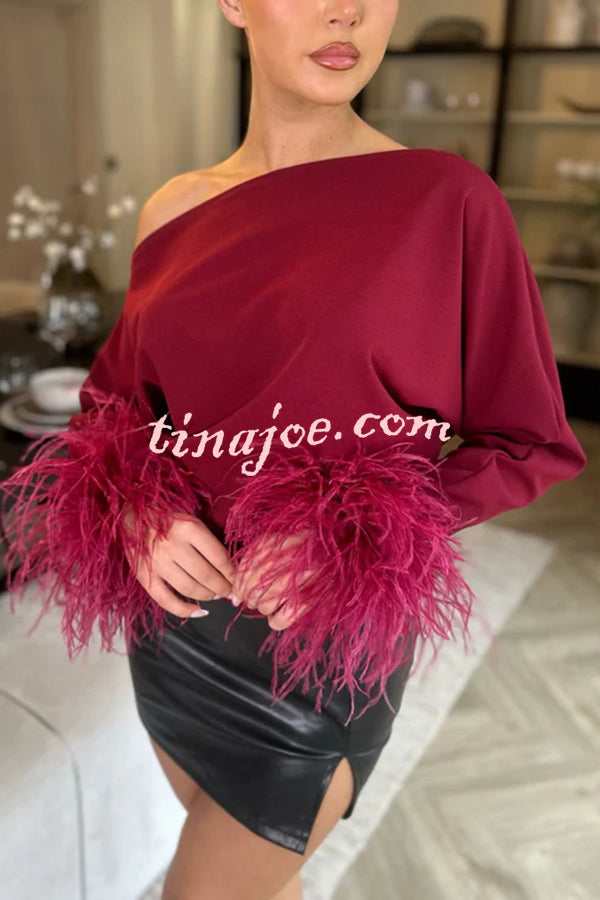 Party Holy Items Off Shoulder Feather Trim Sleeve Loose Blouse