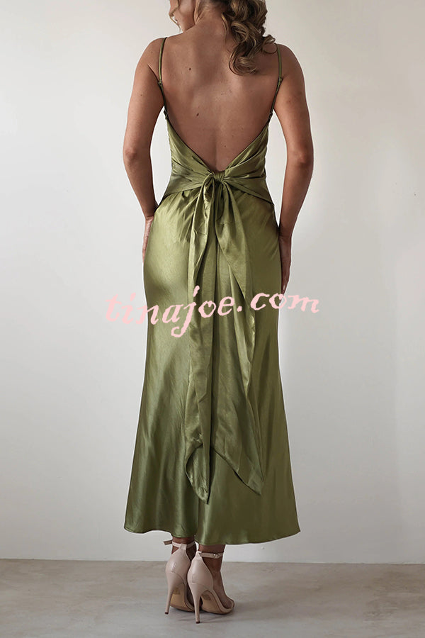 Satin Elegant Sling Backless Lace-Up Midi Dress